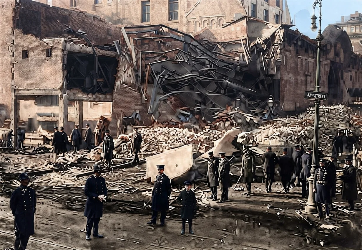 The ruins of the power-house at the Grand Central Terminal in New York, December 20, said by the "Scientific American" to be the worst at railway terminals; 10 were killed and 200 injured. The ruins show the tremendous power exerted.