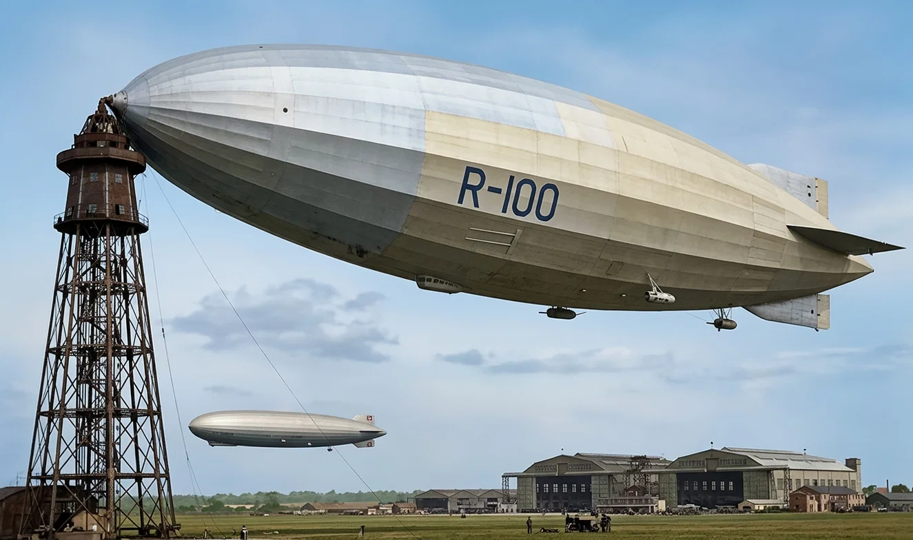 Two mighty machines of the air. In the distance is the “Graf Zeppelin,” as it flew over the airport at Cardington, England, on a recent trip and moored at the mast is the English dirigible, “R-100.”