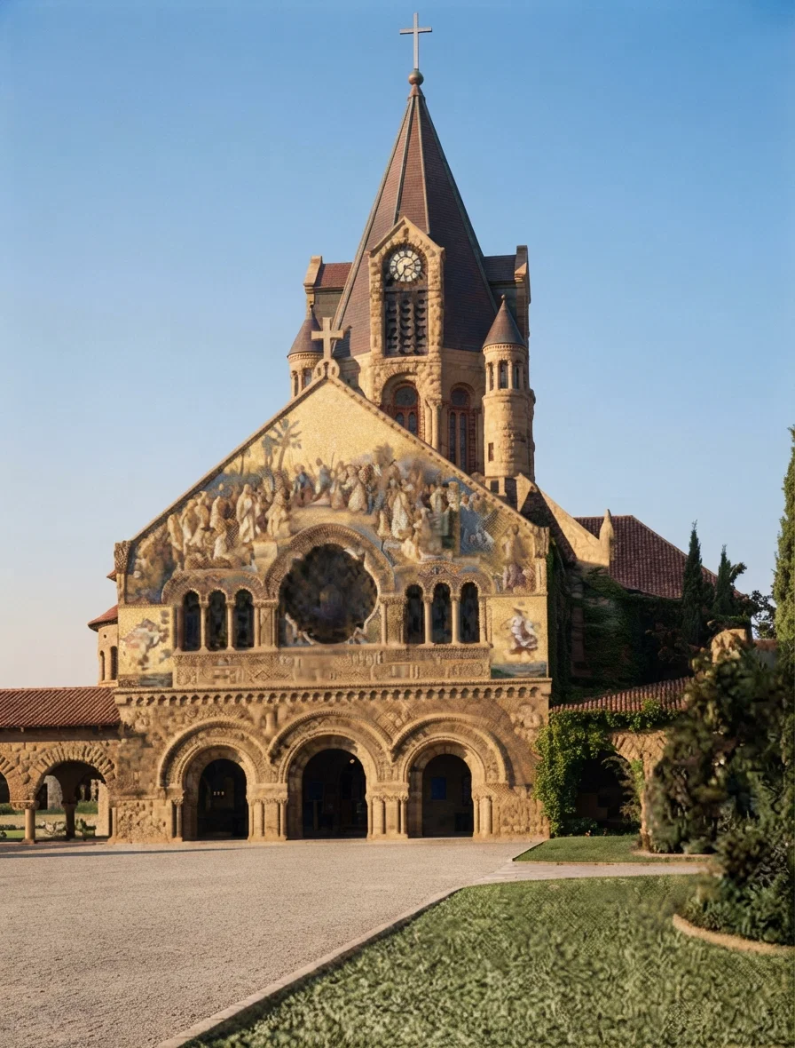 Stanford Memorial Chapel, built in memory of Hon. Leland Stanford by his wife at a cost of $1,000,000 for the building and $600,000 for decorations, containing many beautiful mosaics.