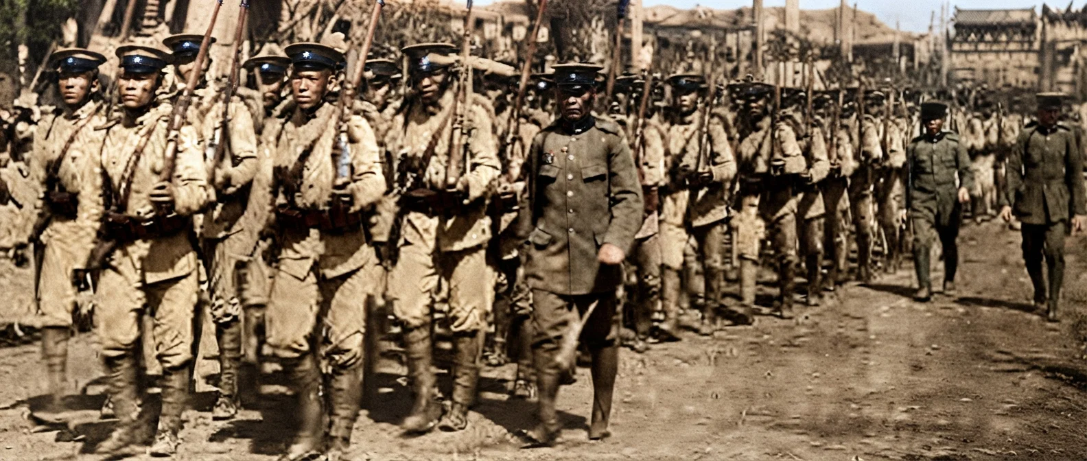 Imperial troops leaving Peking for the seat of war. They are older and more experienced than the rebel soldiers.