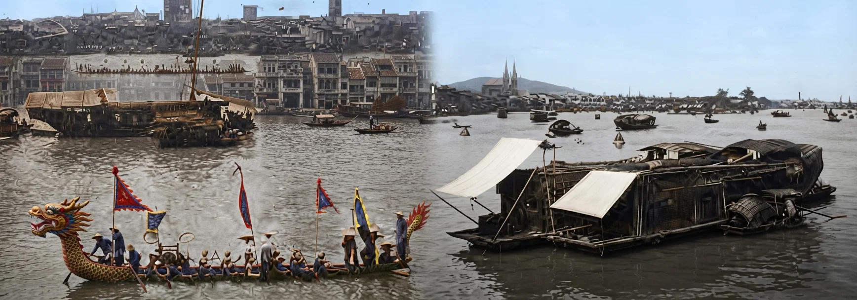 The Long, Narrow Dragon Boat, Engaging in the Ancient Festival. The Lodging Boats, in Canton Harbor. French Cathedral in the Distance.