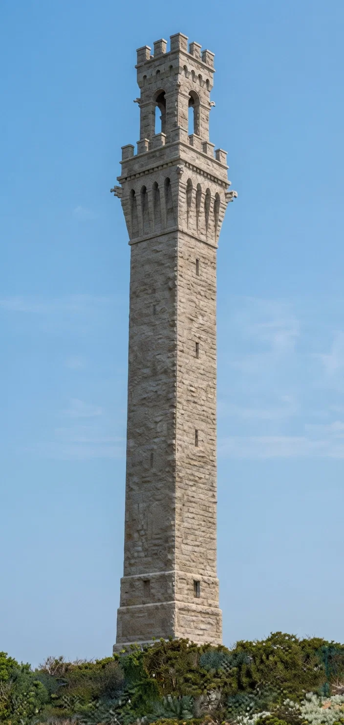 The Pilgrim Monument, on Cape Cod, dedicated by President Taft in August, is 252 feet high, and next to the Washington Monument (555 feet) is the tallest structure of solid masonry on this continent. It is built on a hill of sand, with heavy concrete base, and tho swept by the strongest gales shows no vibration. It weighs 7,250 tons, cost $100,000, and was three years in building. It is 27 feet square at the base, the interior 17 feet square, and may be ascended by steps and inclined planes to the height of 201 feet, where is an observation platform. (Courtesy “Popular Mechanics.”)