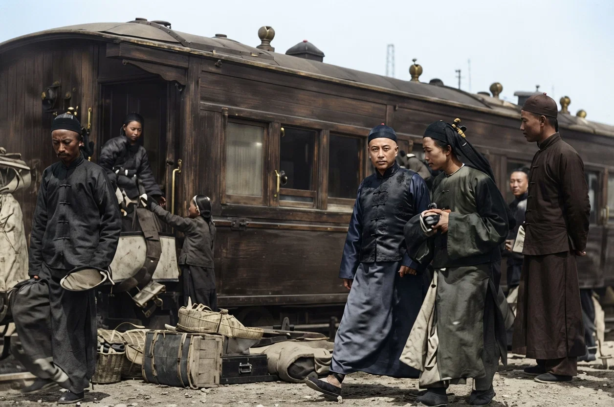 Prominent Chinese official of Soochow, the capital of Kiang-su Province, about to board a train for Shanghai