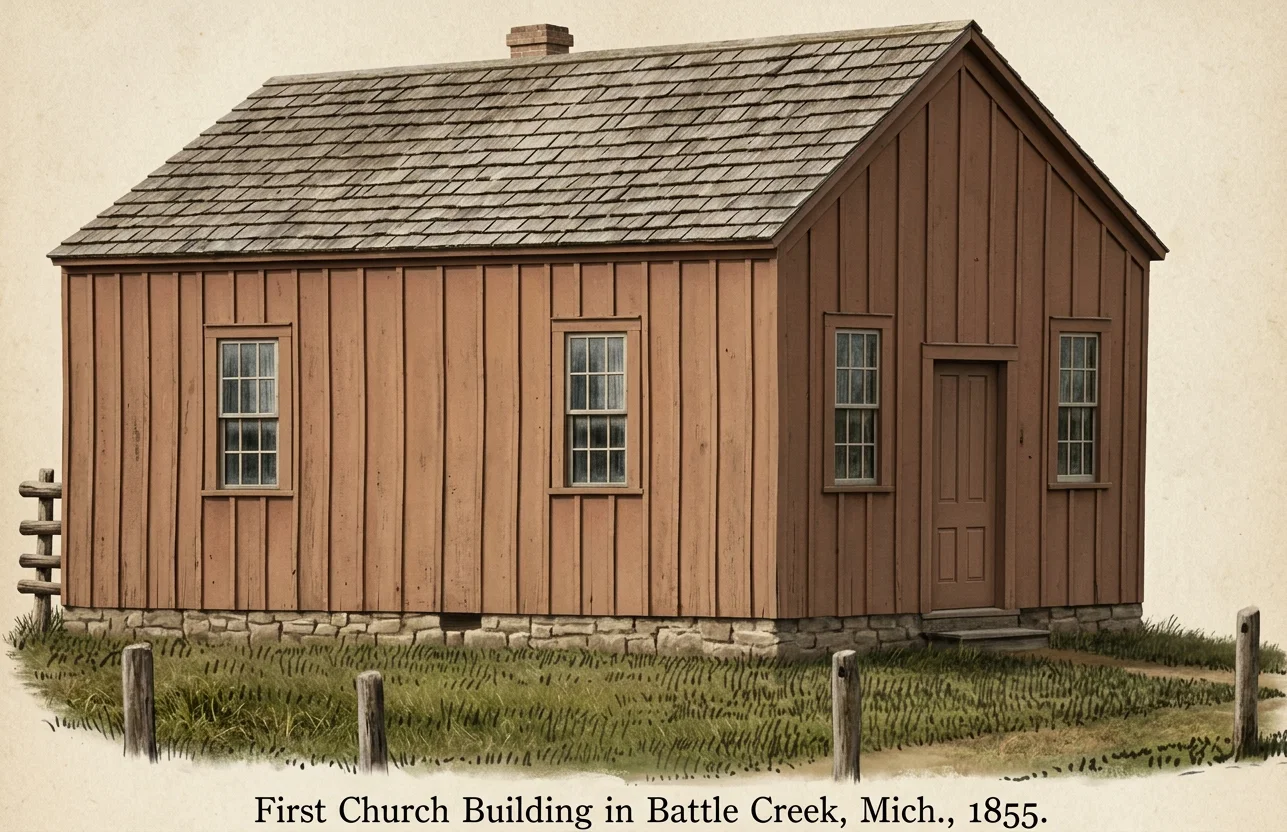 First Church Building in Battle Creek, Mich., 1855.