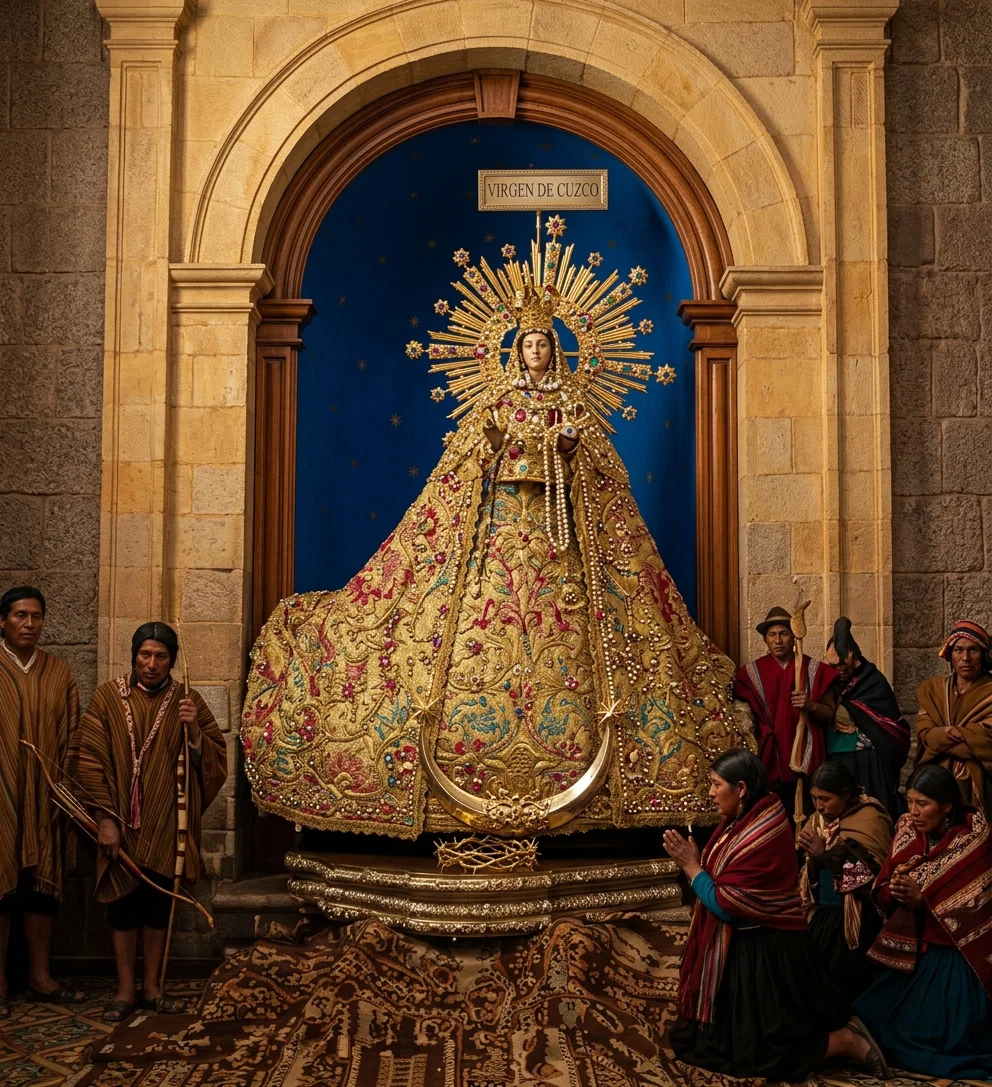 Photo by F. E. Hinkley
BOWING BEFORE AN IMAGE: SHRINE OF THE VIRGIN, CUZCO, PERU