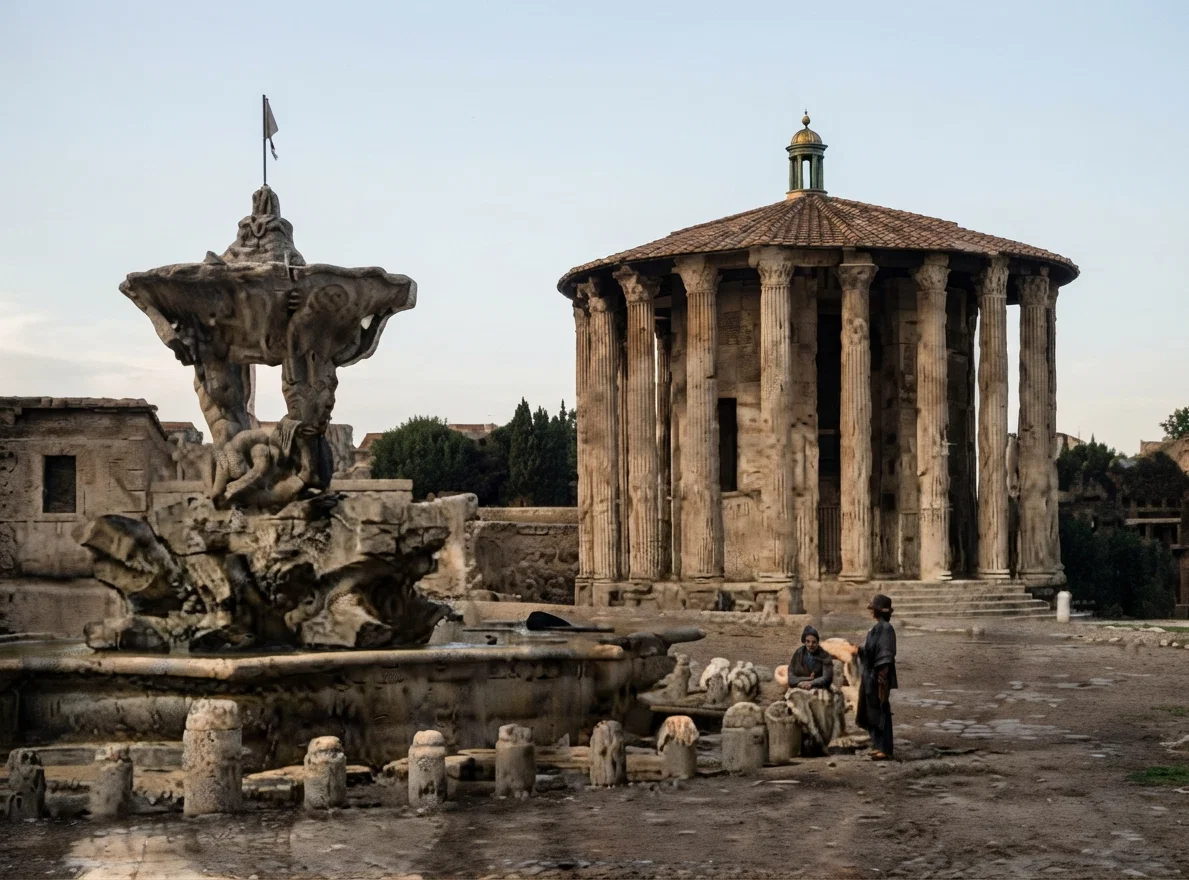 Temple or shrine of Vesta, close by the Forum, Rome, with fountain of Egeria (probably). According to tradition, the original shrine was built by the Emperor Numa (715-673 B.C.). It was four times destroyed before being rebuilt the last time by Severus. Vesta was the Roman goddess of the hearth,—the Greek Hestia,—and identified in various ways with Venus, with the Phoenician Astarte and the Egyptian Athor,—"queen of heaven,"—and the Babylonian Rhea,—woman deified,—the "mother of knowledge." To guard the sacred fire (symbolizing the life of the Roman people), and keep it continually burning, and to have charge of the shrine and its services, four virgins—afterward six—were chosen by the emperor. These priestesses were called vestal virgins, and their term of service was thirty years each—ten years of learning, ten service, ten teaching. The fires of the shrine were finally extinguished, the revenues—which were enormous—confiscated, and the service (almost dead) brought to an end by Gratian, emperor from A.D. 359-383.