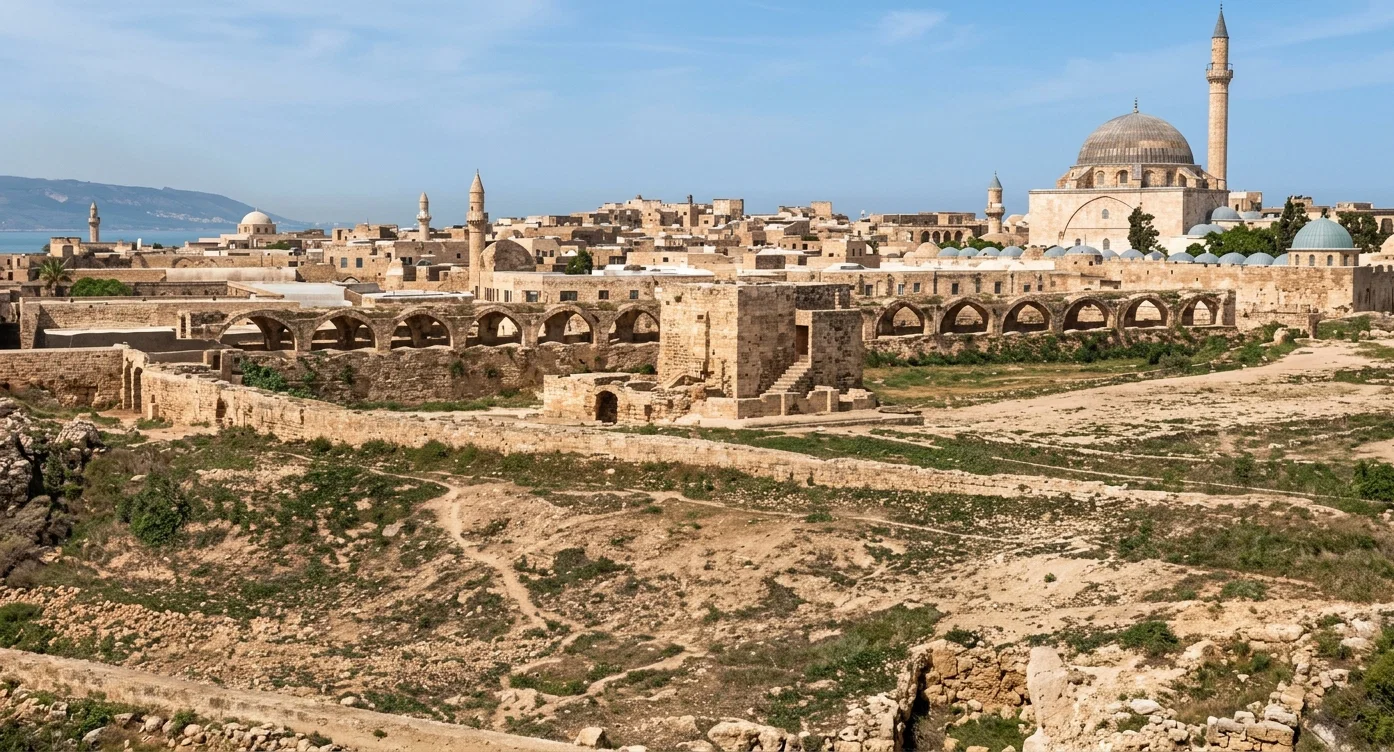 VIEW OF ACCHO, OR ST. JEAN D'ACRE, WITH MT. CARMEL IN THE BACKGROUND TO THE LEFT.