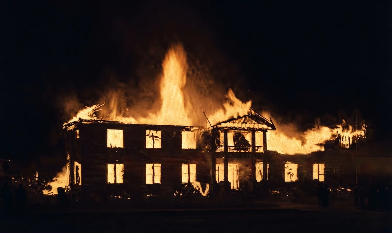 PACIFIC PRESS BUILDING DURING THE FIRE.