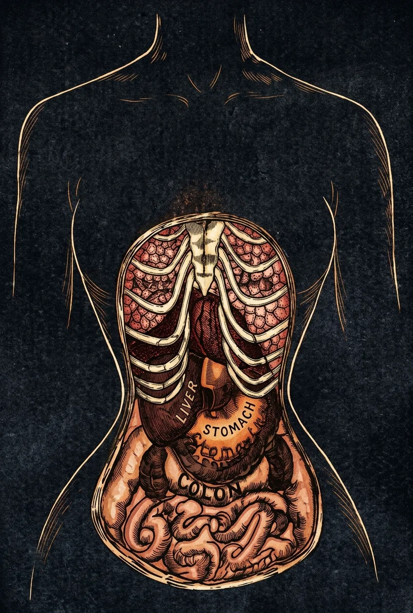 View of the bound waist, showing displacement of vital organs caused by tight lacing—a cause of weak, diseased offspring.