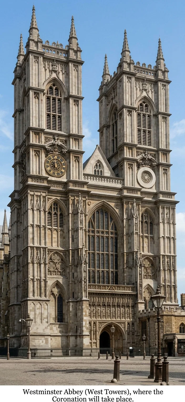 Westminster Abbey (West Towers), where the Coronation will take place