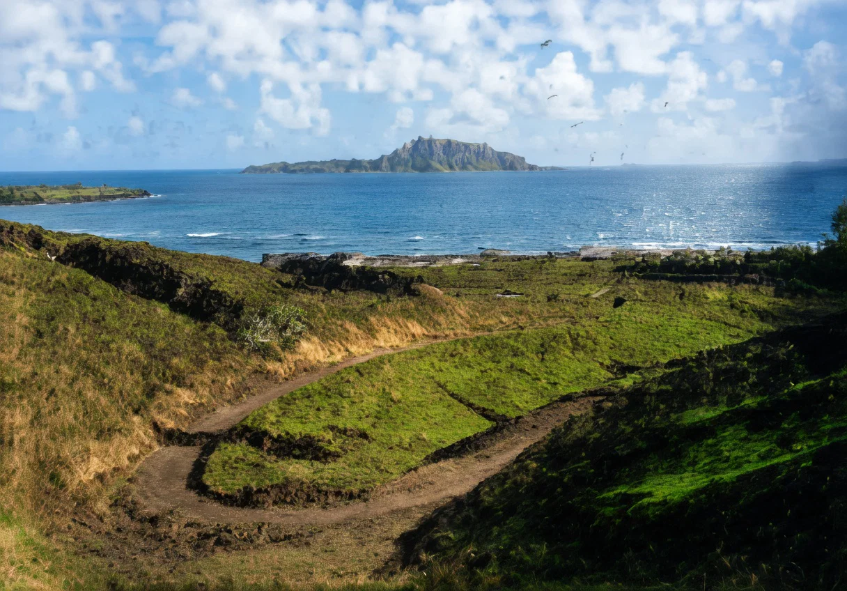 View of old convict prison, Philip Island; a point of Nepean Island; and horseshoe road leading up to Seventh-day Adventist church, Norfolk Island.