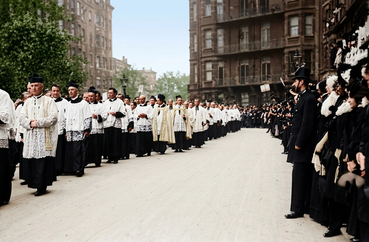 The great procession at the Catholic Missionary Congress, Chicago, Nov. 15 to 18, 1908. A company of the clergy.