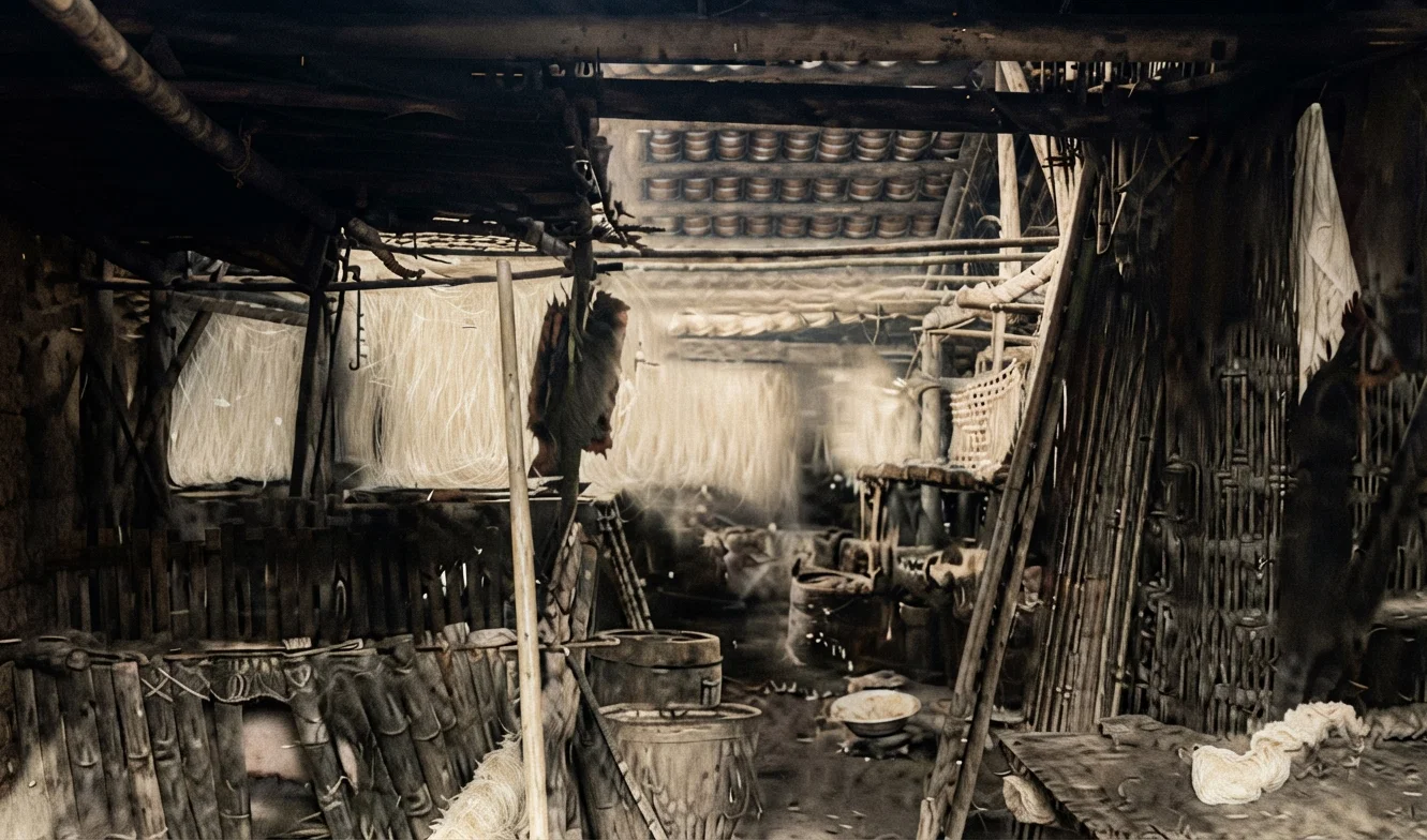 INTERIOR OF VERMICELLI FACTORY, CANTON, CHINA, SHOWING PIG-PENS ON THE LEFT