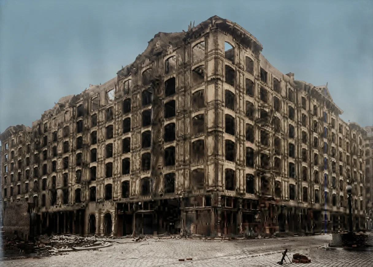 The Palace Hotel, one of the finest hotels in the world. Its register has carried the names of some of the greatest of earth's people who have passed through San Francisco. The building cost over $7,000,000, and over 30,000,000 bricks were used in its construction. Its massive walls, tied by strong bolts in every direction, withstood the earthquake shock and verified the words of the builder that "It could be shaken up, but could not be shaken down." But the fire destroyed its beauty, and left it a majestic ruin. It will be torn down, and a steel and cement structure built in its place. How uncertain are the grandest palaces of earth.