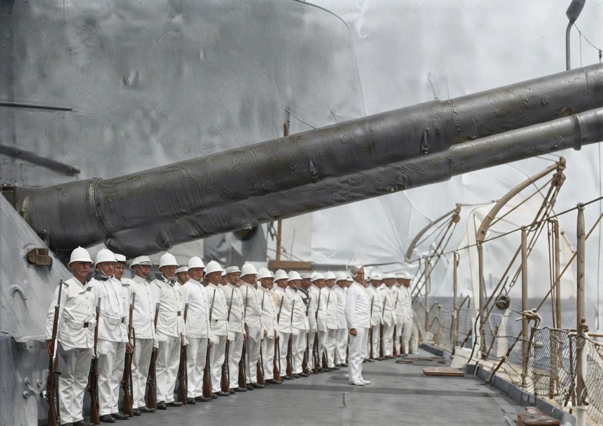 Marines on board battle-ship ready for inspection.