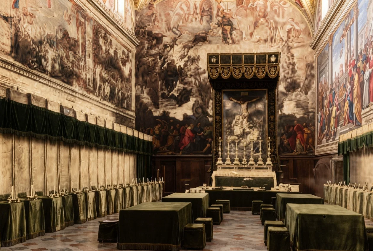 HALL OF THE PAPAL CONCLAVE IN THE VATICAN, WHERE THE CARDINALS ASSEMBLE FOR THE ELECTION OF THE POPES