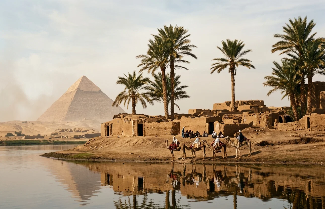 THE NILE, ARAB VILLAGE, AND PYRAMID.