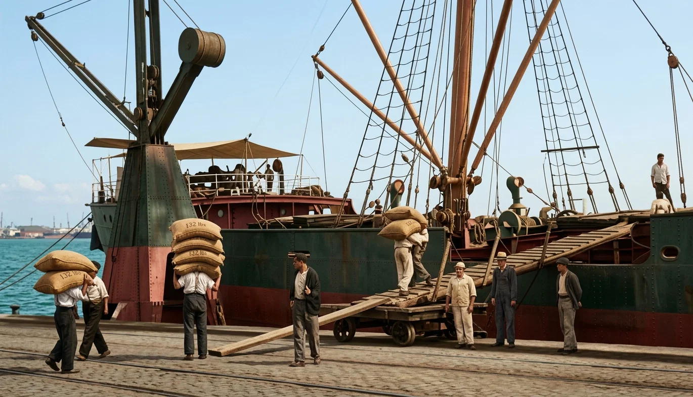 LOADING COFFEE ON A TRANS-ATLANTIC STEAMER IN SANTOS