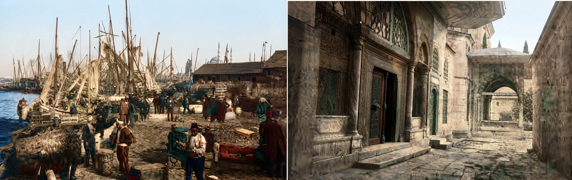 The picture at the left is a scene at the quay in Sirkedji, Constantinople. The one at the right is the door of the "Haggia Sophia." This mosque was built by Constantine and Justinian. The hopes of the Eastern Church for the final victory over Mohammedanism center here.