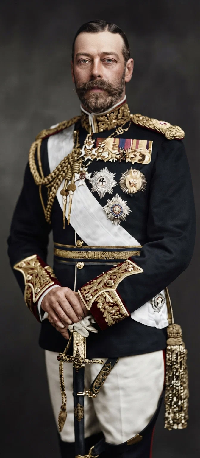 The king-emperor George V, from his latest portrait; the first English king to journey beyond Europe since Coeur de Lion. He is in field-marshal's uniform, and wears the decorations of four great orders. (From "Illustrated London News.")