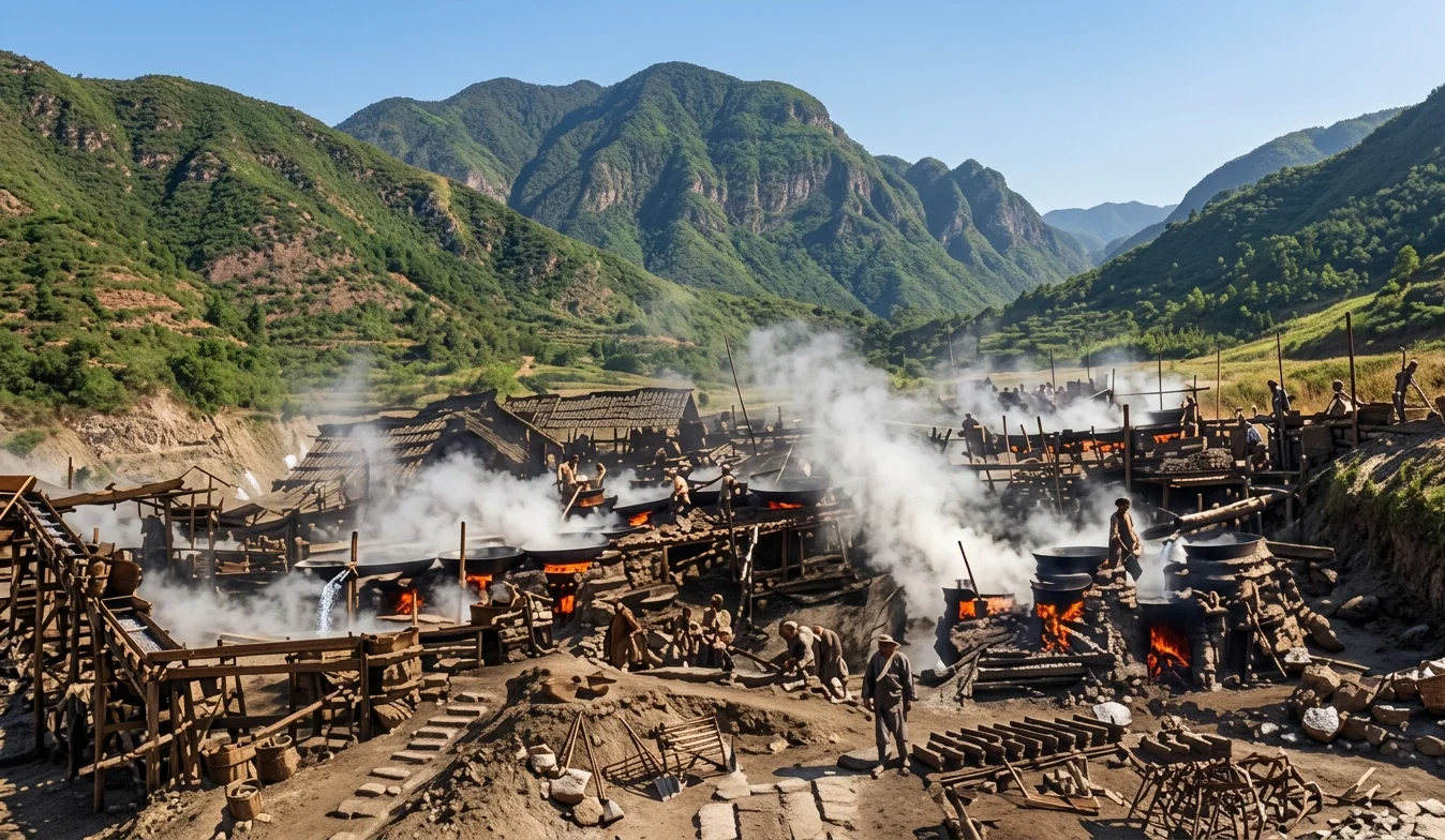 General view of salt industry at Kwei Chow Fu, showing the fires and steam arising from the large iron pans in which the salt is being refined.