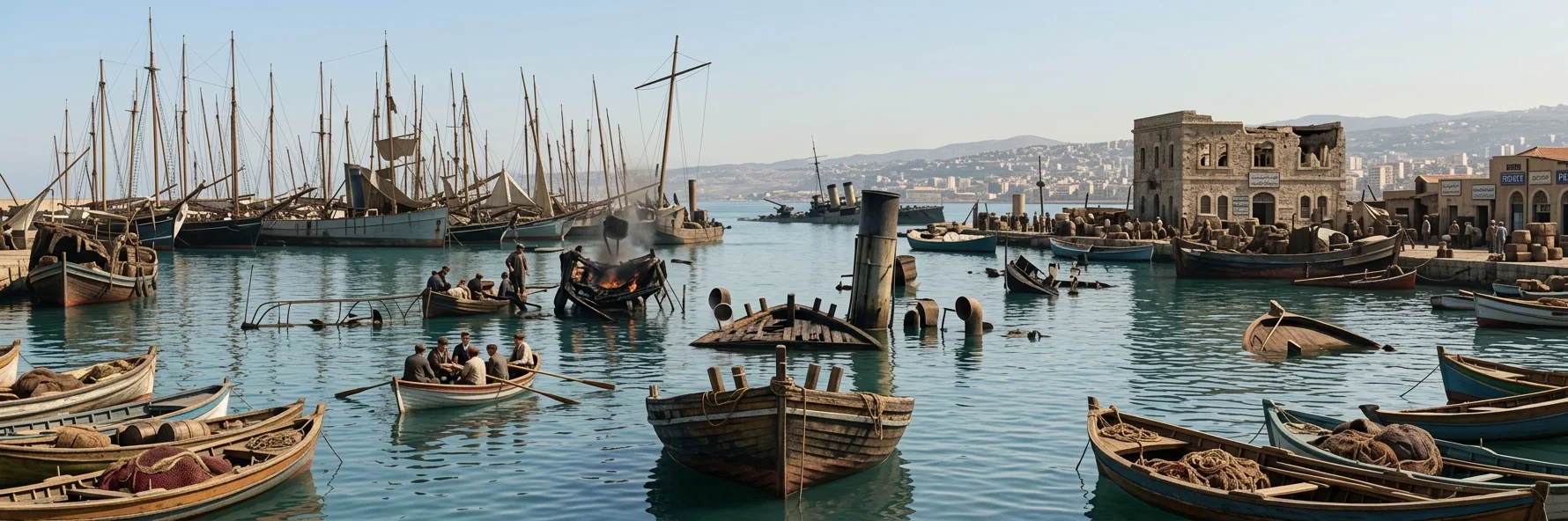 UNDER THE LEFT CROSS WILL BE SEEN THE FUNNELS OF THE SUNKEN TORPEDO-BOAT IN BEIRUT HARBOR; IN THE REAR, UNDER THE OTHER CROSS, THE SUNKEN CRUISER