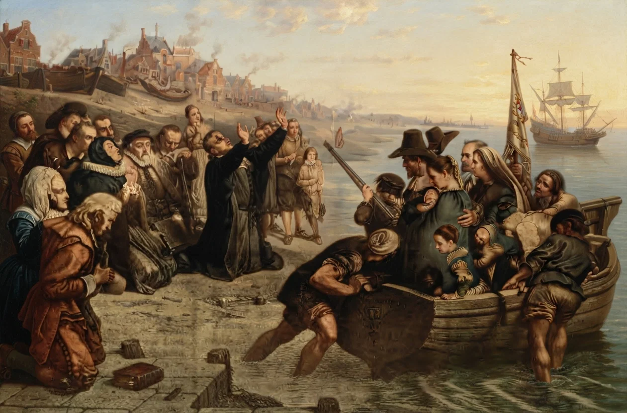 The departure of the Pilgrims at Delfshaven, for America. They left the Old World to escape the intolerance of what they thought was a perverted religion, and they set up in this land an intolerant régime of what they considered the true religion of Christ. Nevertheless it put to death Baptists and Quakers. No church is good enough to be trusted with civil power; and no State can afford to take that risk.