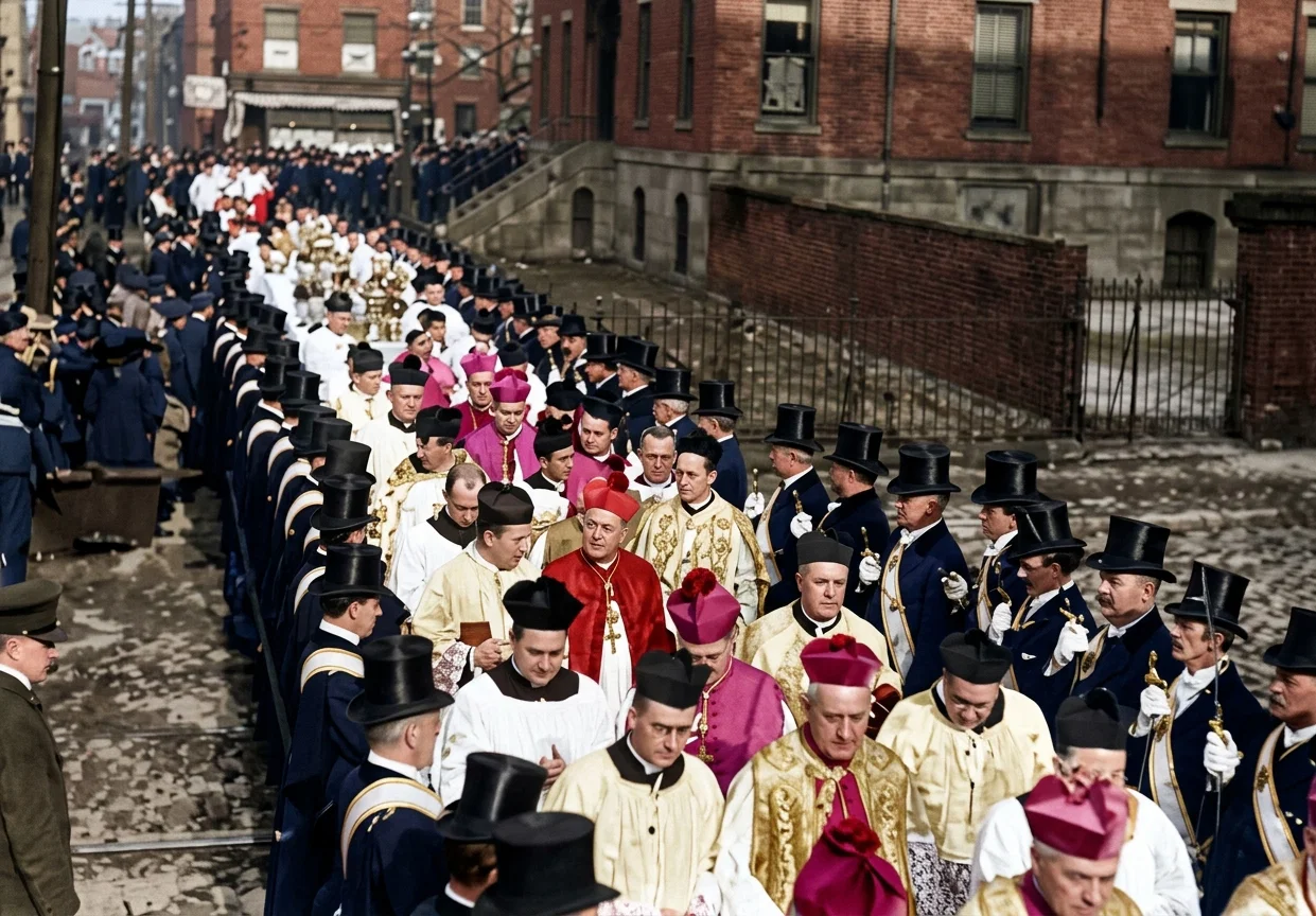 A Procession of Priests. Those standing at the side in silk hats and with swords are Knights of Columbus.
