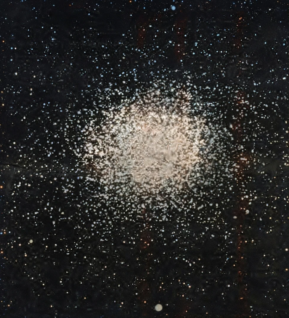 The Omega Centauri of the southern heavens, not visible in this latitude. The constellation Centaurus is traversed by the Milky Way. It contains the bright star a Centauri. It and its mate are our nearest solar neighbors, four and one third light years away. Two stars in this constellation are called “the Pointers” because they guide the eye to “the Southern Cross.” The above cluster in the constellation of Centaurus is estimated to contain 6,000 stars. See article on next page.