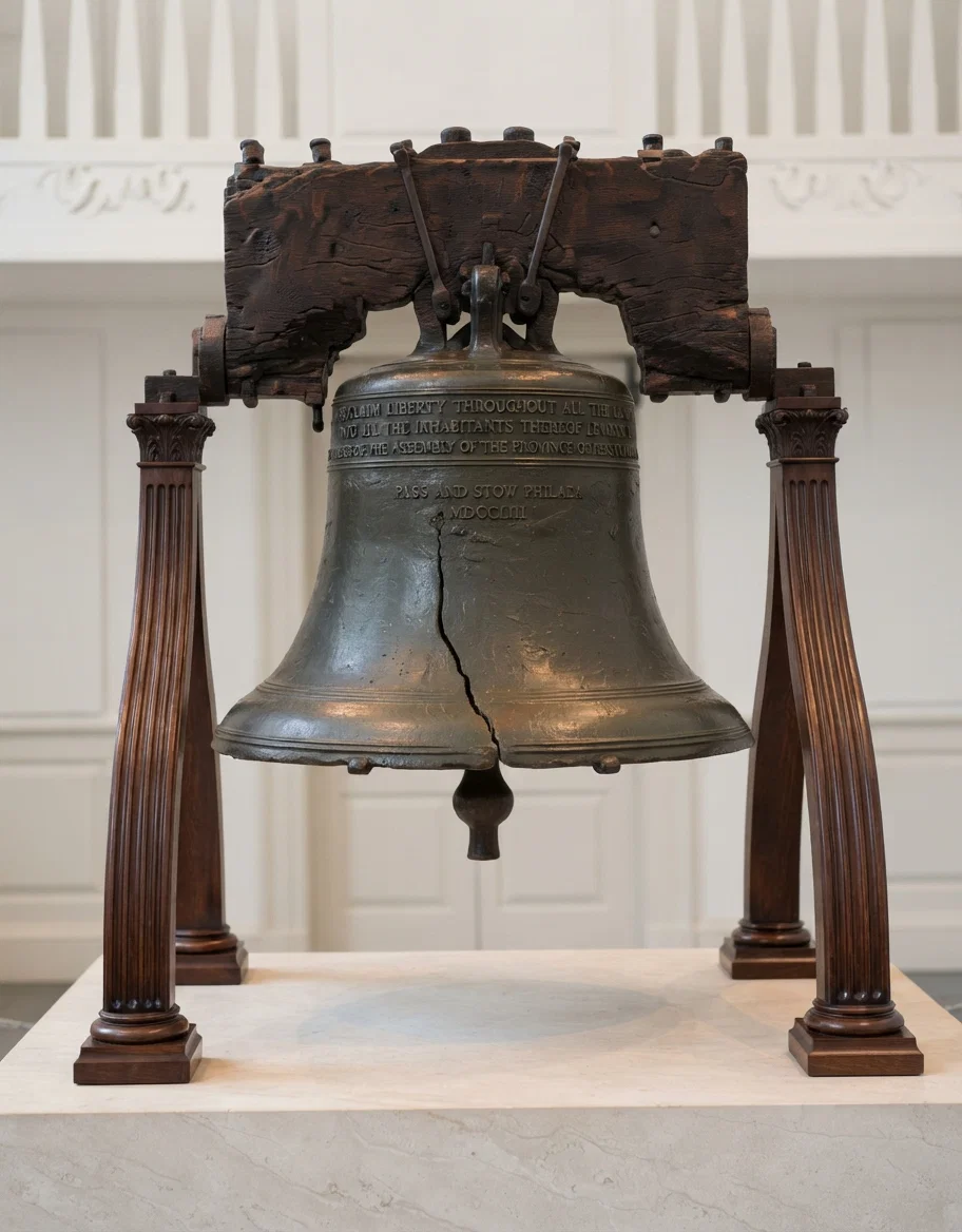 The old Liberty Bell, cast by Pass & Storr, Philadelphia, 1753; weight 2,080 pounds. Its very making seemed to be prophetic of the results of the Revolution that followed. It bore the inscription, “Proclaim liberty throughout all the land unto all the inhabitants thereof,” from Lev. 25:10. It was cracked July 8, 1835, while being tolled in memory of Chief Justice John Marshall. It is now in Independence Hall.