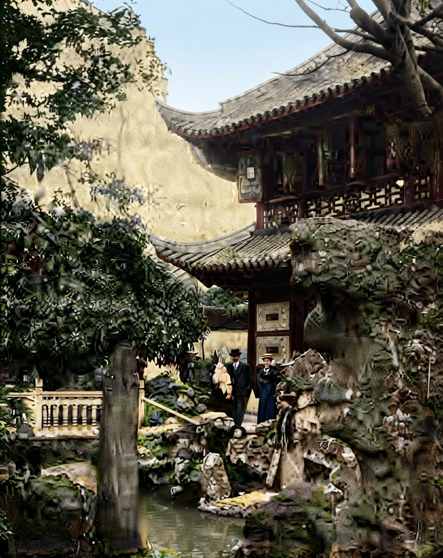 Yuen Luen Gardens, near the Bubbling Well, Shanghai. Rocks are artificial, concrete and cement, characteristic of all China. The group is of our missionaries.