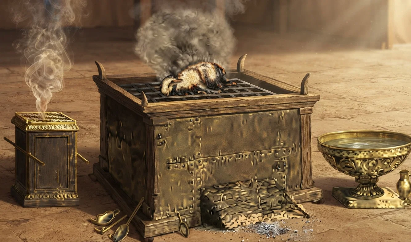 The furniture of the sanctuary. Upper row, from left to right, the table of showbread; the ark containing the law, over which was the mercy-seat; and the golden candlestick. Lower row, from left to right, the altar of incense, the altar of burnt offering, and the laver.