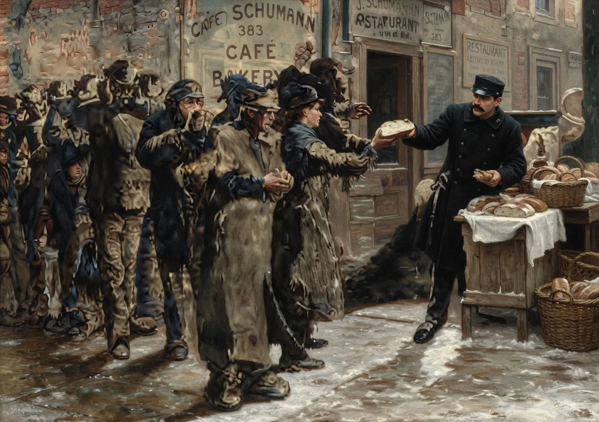 Outside the Schumann Cafe Handing Out Bread to the Hungry.