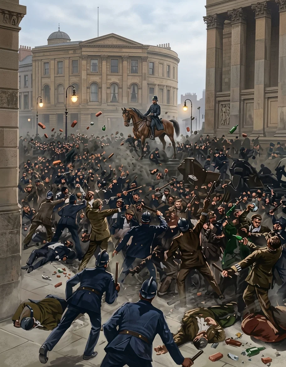 The beginning of street battles in Liverpool, police and mob in conflict, the police armed with truncheons and the latter with bricks, bottles, stones, etc. The scene is in front of St. George's Hall, the center of the city. (From London "Illustrated News.")