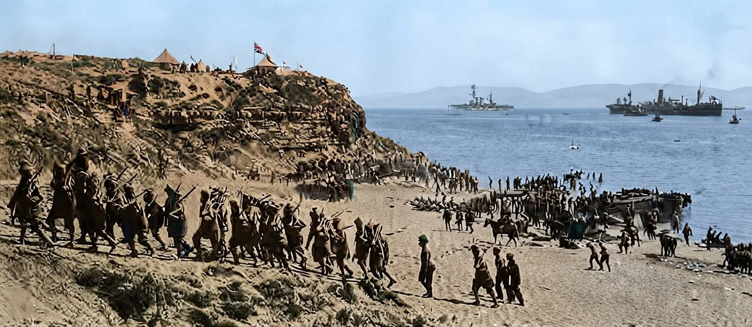 ALLIES LANDING AT THE DARDANELLES UNDER COVER OF GUNS OF THE BATTLESHIPS