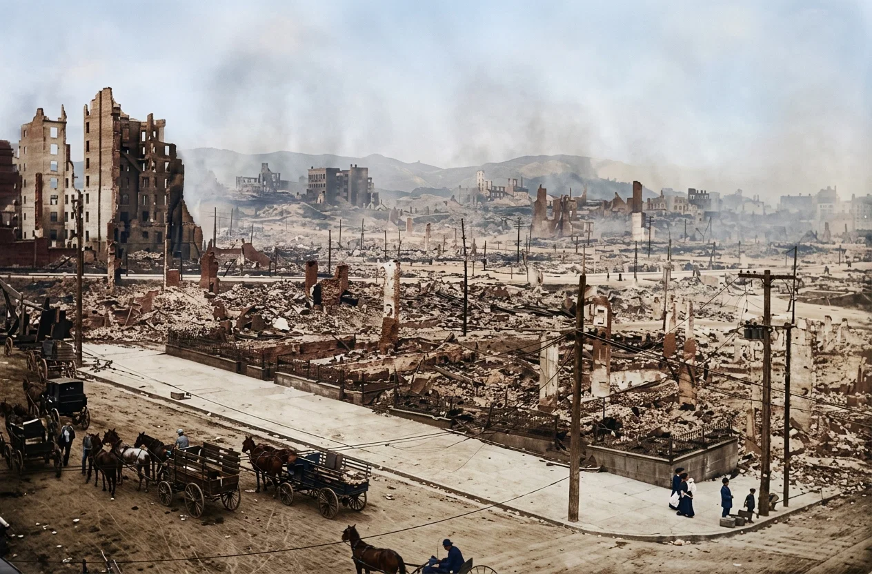 After the Fire in San Francisco. Looking northward toward the Fairmont Hotel. This was the appearance of square miles after the awful burning.