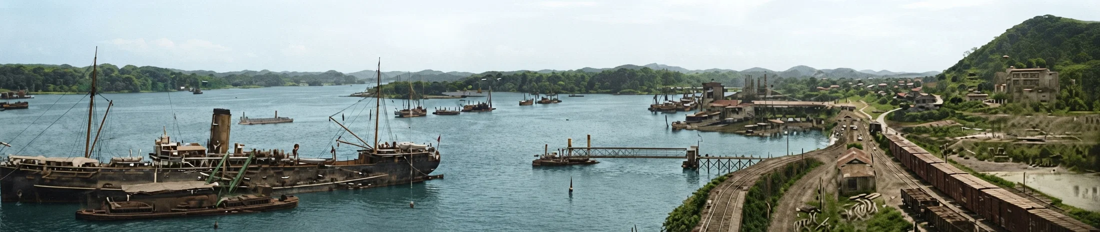 BIRD'S EYE VIEW OF BALBOA AND PACIFIC COAST ENTRANCE TO PANAMA CANAL.