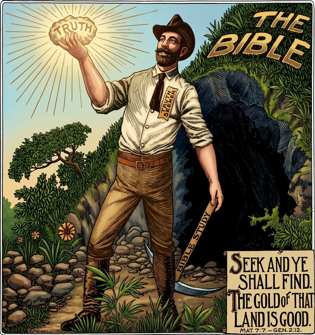 The above cartoon is in cheerful and striking contrast to the illustration on the opposite page. The treasures of God's Word are infinite. Sell all that you have, and buy the field.