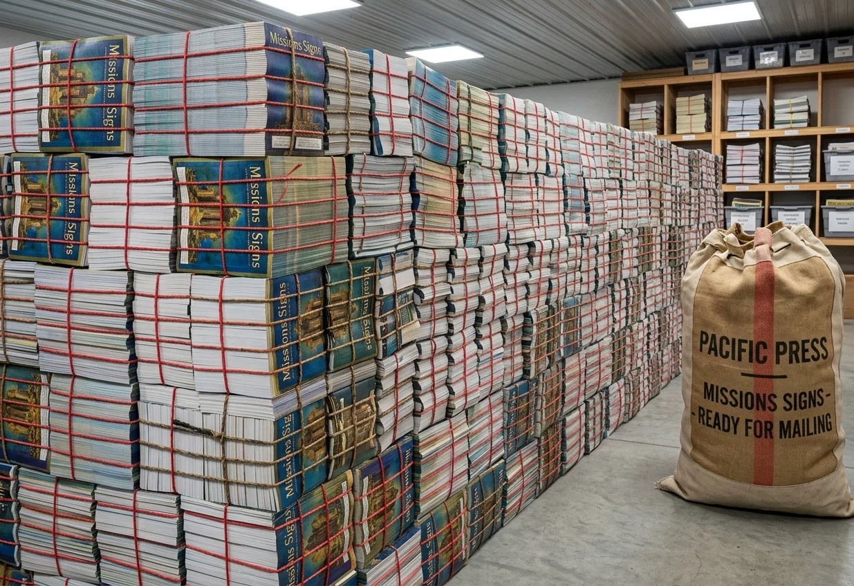 Seven and one-half cords of Missions Signs at Pacific Press wrapped and ready for mailing. On October 13, all these had been sent out in filling orders. It is evident that other editions will be necessary above the 500,000 copies originally ordered.