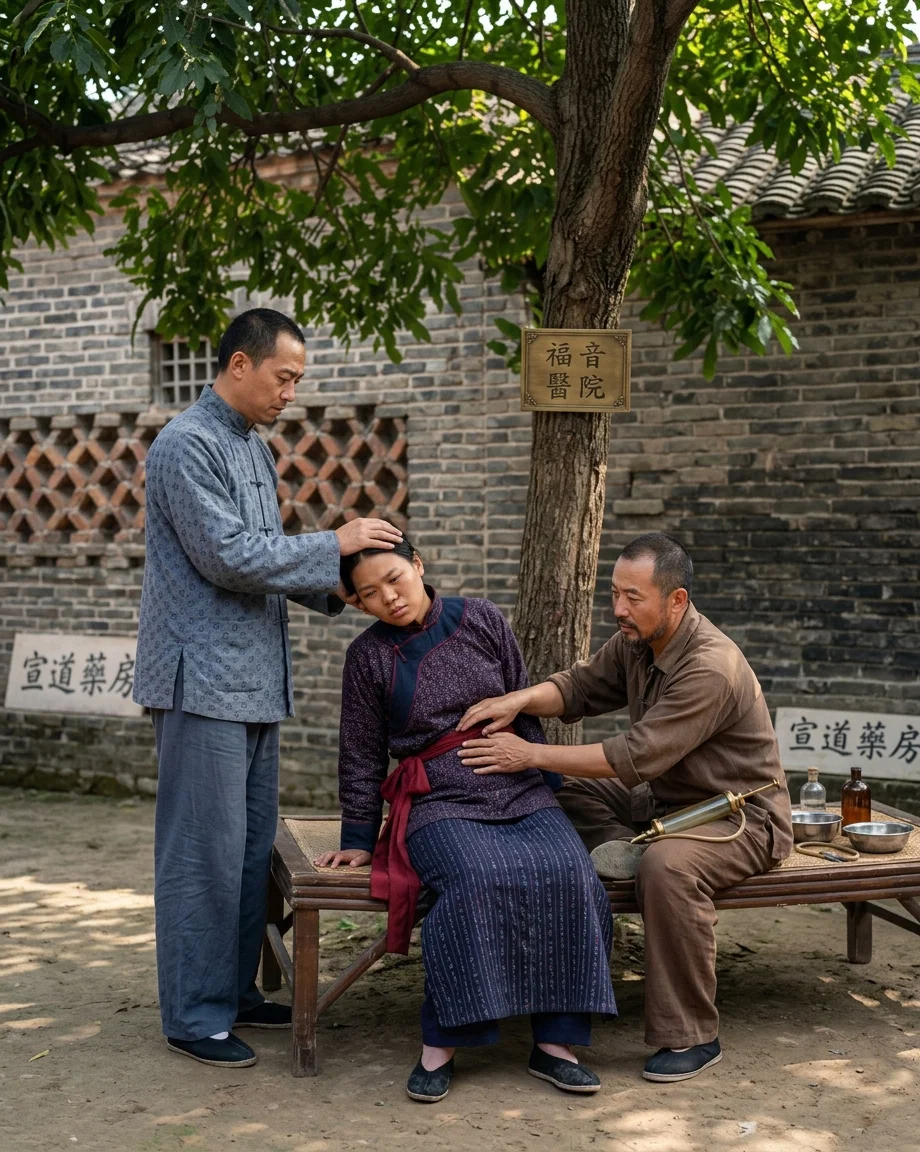 Two Chinese evangelists washing out the stomach of a woman who had taken a poisonous dose of raw opium.