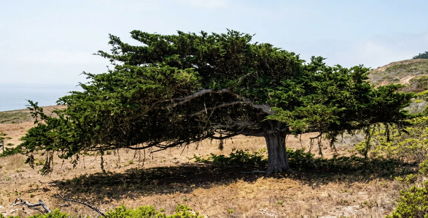 CALIFORNIA SCENERY, No. 28.—Cypress of Monterey, Cal. An evergreen of the species Cupressus sempervirens, of which there are several varieties. The most common variety is tall, with upright branches, somewhat resembling the poplar. The C. horizontalis is described as a low, flat-topped tree, with wide-spreading branches, evidently the one here represented. The peculiar one-sided appearance of the top is due to the heavy breezes blowing in from the sea, near which the cypresses of Monterey are found. The wood of the cypress is fine-grained and very durable, and has been known to suffer no decay by the lapse of 1,100 years. Many authorities hold it to be the gopher wood of the Scriptures. The tree grew on Mt. Hermon, and is cultivated in the lower levels of Syria. See Isa. 44:14. Egyptian mummy cases were also made of cypress wood.