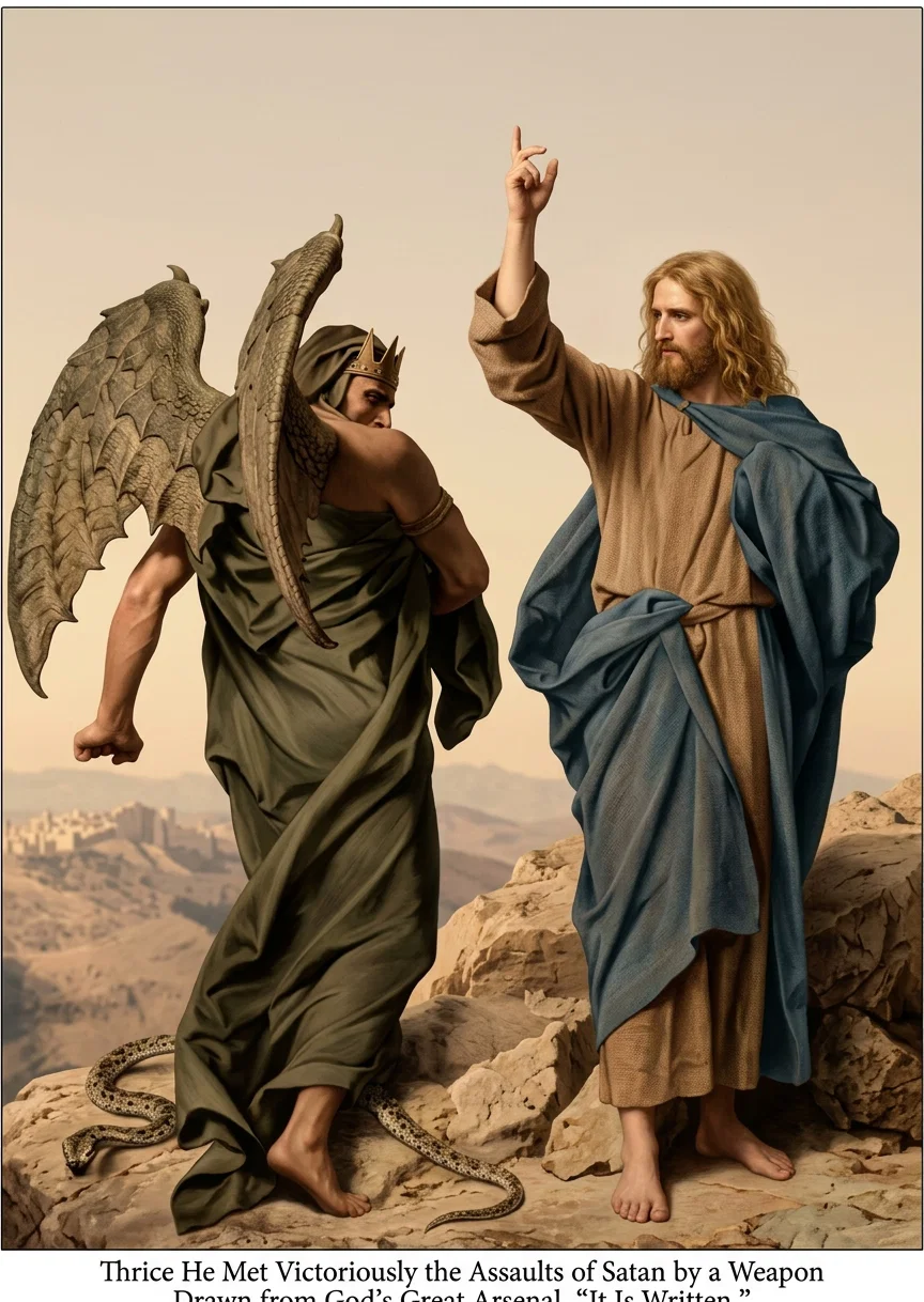 Thrice He Met Victoriously the Assaults of Satan by a Weapon Drawn from God's Great Arsenal, "It Is Written."