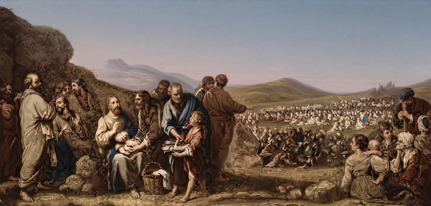 "HE DIVIDED THE LOAVES AND FISHES AMONG HIS DISCIPLES."