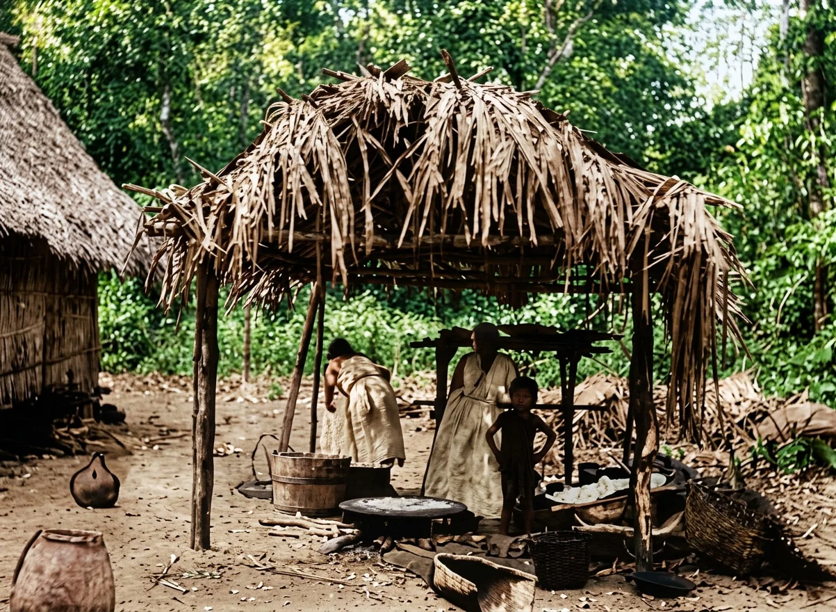 Kawio Women and Child in Native Dress, Making Cassava Bread.