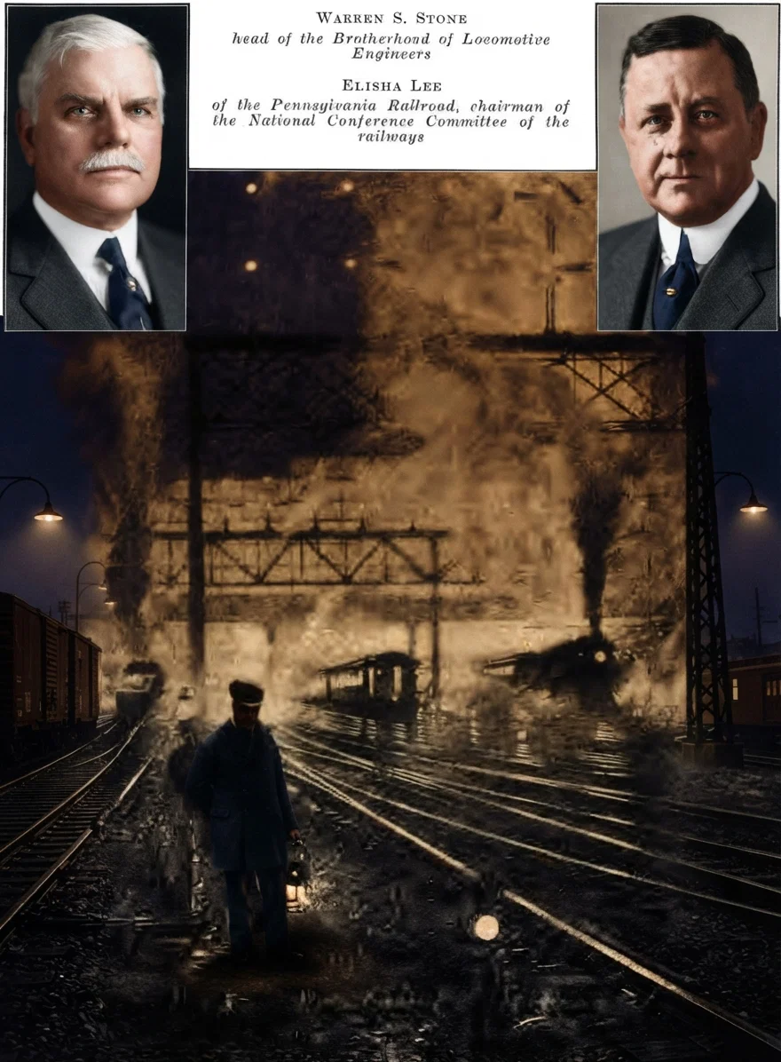 WARREN S. STONE head of the Brotherhood of Locomotive Engineers ELISHA LEE of the Pennsylvania Railroad, chairman of the National Conference Committee of the railways