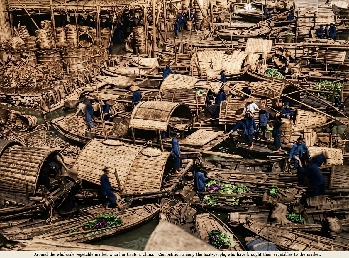 Around the wholesale vegetable market wharf in Canton, China. Competition among the boat-people, who have brought their vegetables to the market.