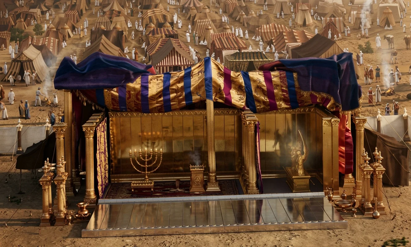 By permission of J. W. Kelchner. The sanctuary of the Lord, with a part of the camp of Israel in the background. One side of the sanctuary is let down, that the Holy and Most Holy Places may be seen. In the first apartment is the Table of Showbread, the seven-branched Golden Candlestick, and the Altar of Incense. In the second apartment, or Most Holy Place, is the Ark of the Covenant, in which were the Tables of the Law, over which was the Mercy-seat, where shone the Shekinah, God's visible Presence. A view of the entire camp and Mount Sinai was given last week.