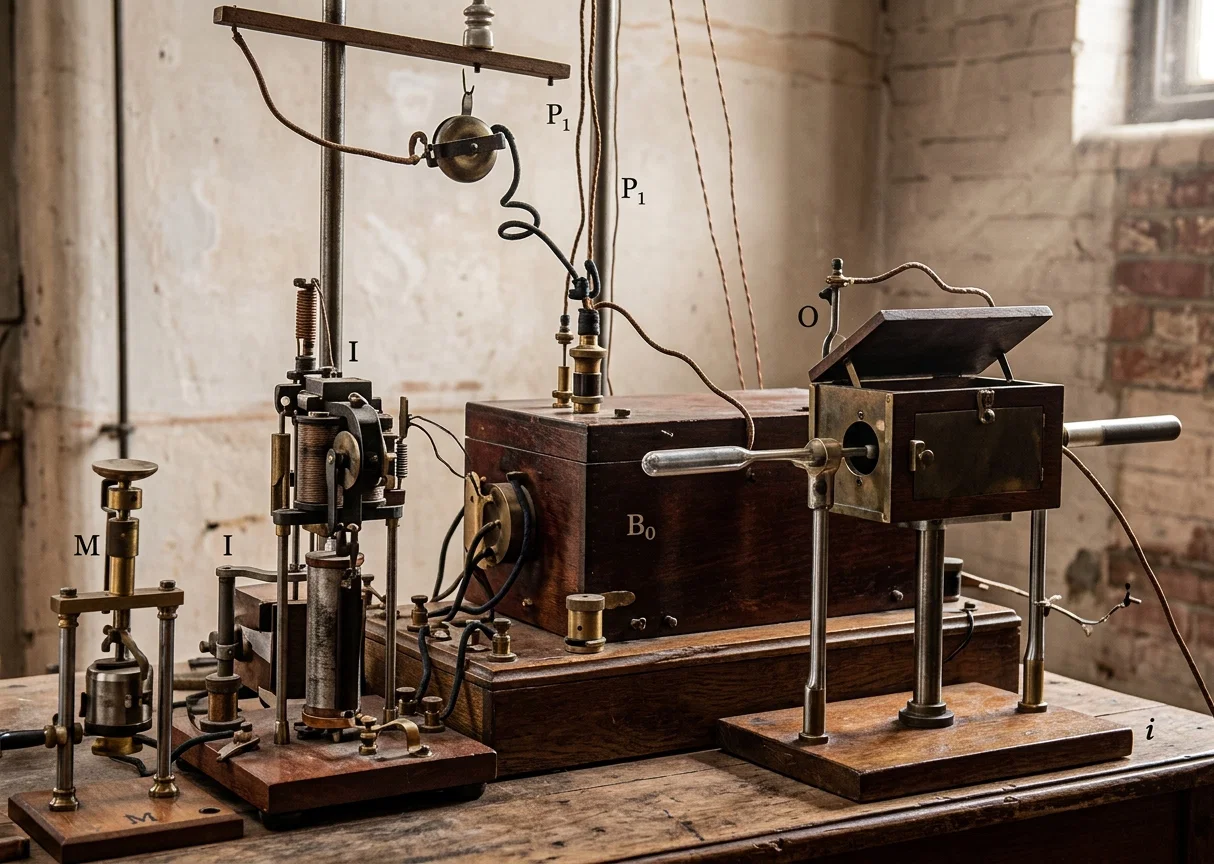 The Sending Instrument of a Wireless Telegraph Station. M is the Sending Key; I, the Motor Driving the Interrupter of the Coil, B₀; P₁, the Connection with the Mast; O, the Oscillator; and i, the Connection with the Earth.