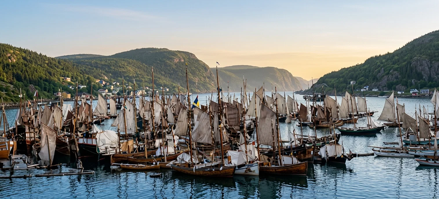 FISHING FLEET WAITING FOR A BREEZE, ST. JOHN'S HARBOR, NEWFOUNDLAND