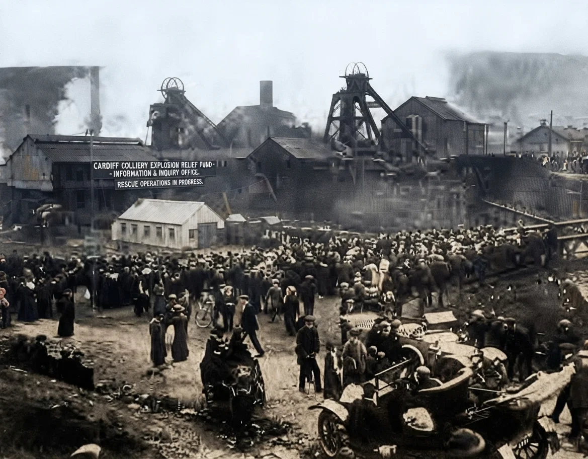 Photo by Paul Thompson CROWD AROUND THE HEAD OF THE MINE AT CARDIFF, WALES, AFTER THE GREAT EXPLOSION, OCTOBER 14